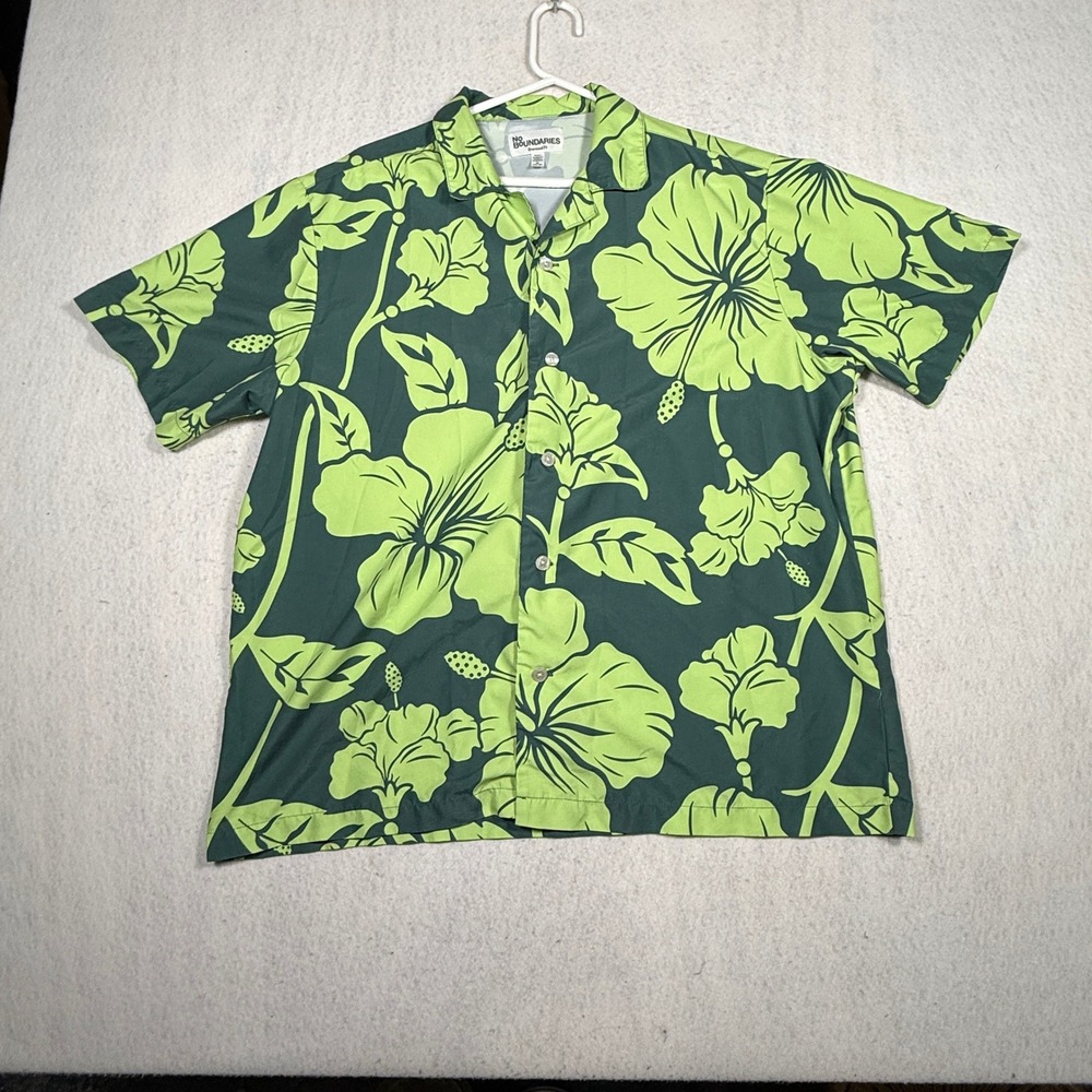 No Boundaries Mens XL Oversized Fit Floral Hibiscus Shirt Green Short Sleeve